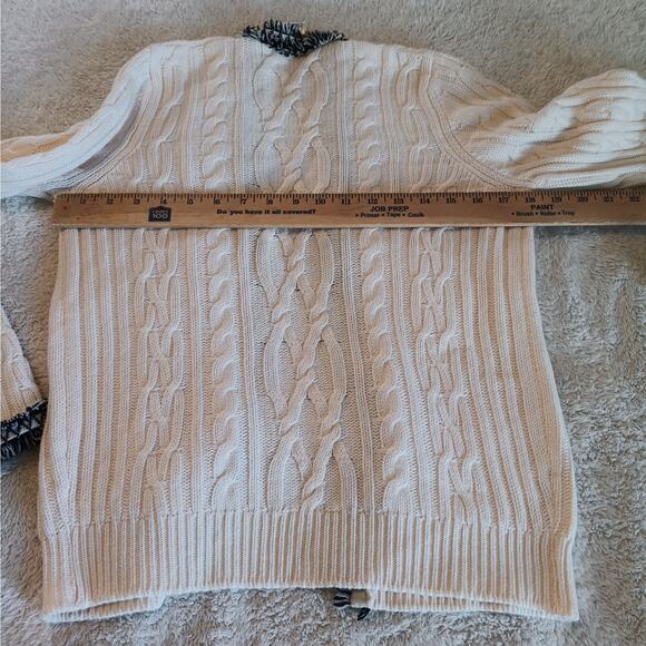 Chanel Cardigan Sweater 40 Small Ivory Cable Knit Fringe Trim Cashmere Cotton - Picture 13 of 14